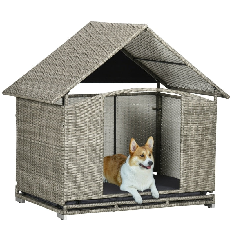 Indoor/Outdoor Wicker House W/Canopy, Rattan Bed, Soft Cushion, & Elevated - mypreciousfurbabies