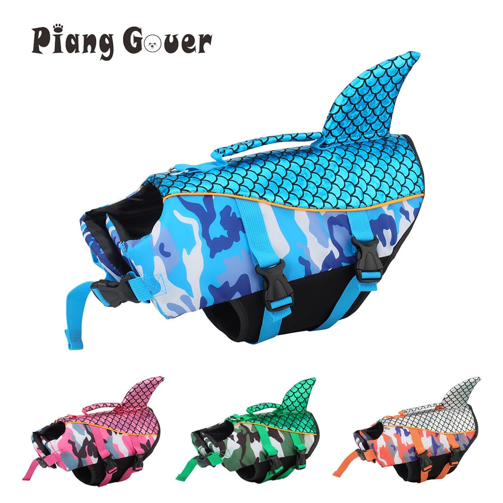 Dog Swimming Vest w/Shark Fin, Quick Release Straps, Grab Handle, & D Ring for Leash