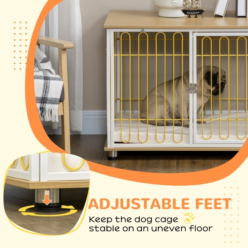 Dog Indoor Oak Top End Table Crate, w/Washable Cushion - mypreciousfurbabies