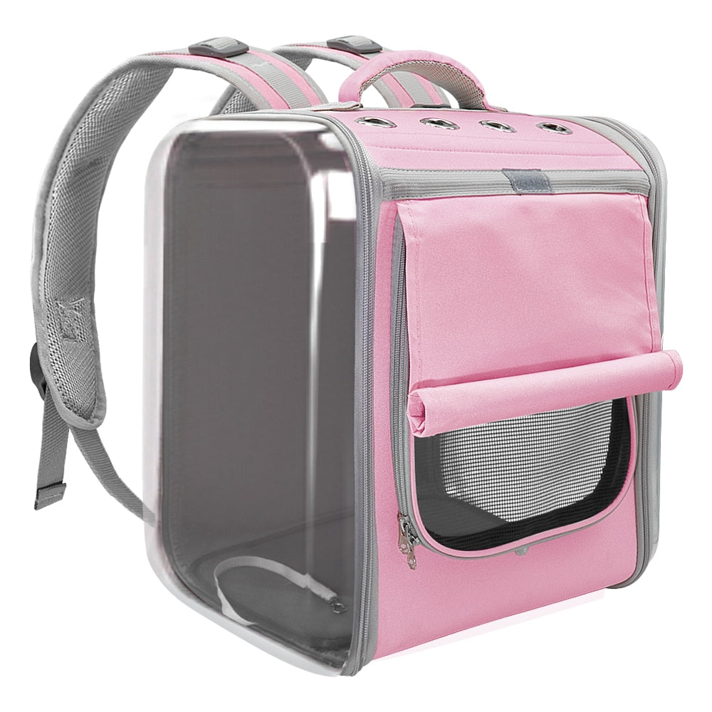 Pet Travel Backpack w/Top Vents & Front Nylon Mesh Provides Circulation, Clear Plastic Sides Provide Great Viewing