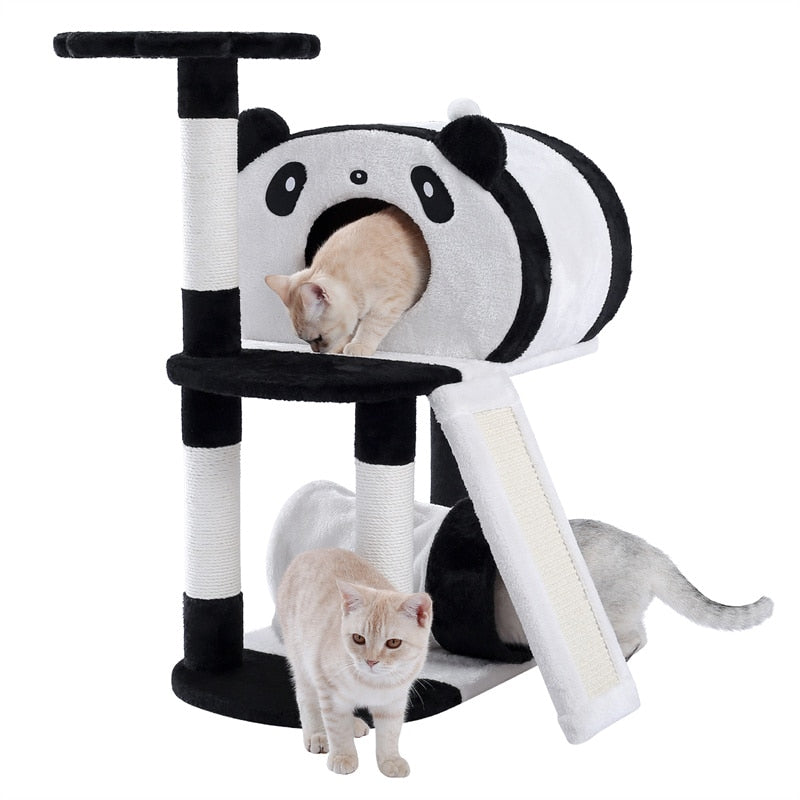 Cat Panda Tower Wrapped In Soft Cotton, w/Scratching Poles & Board - mypreciousfurbabies