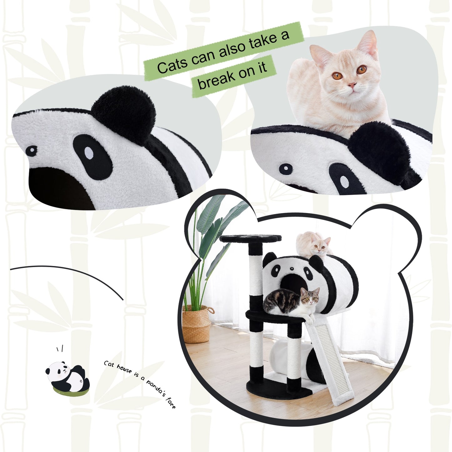 Cat Panda Tower Wrapped In Soft Cotton, w/Scratching Poles & Board - mypreciousfurbabies