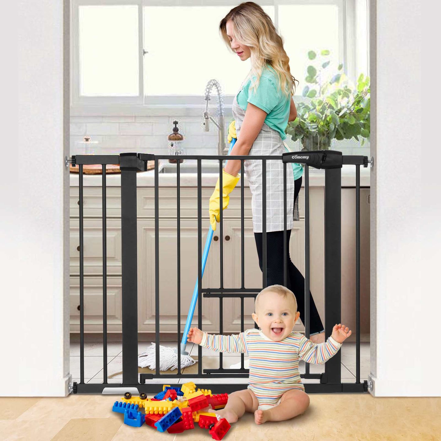 Pet Pressure-Mounted Gate Extra Tall & Wide w/2 Extensions, 90° Hold Open, Auto Close, & Pet Gate Withing the Gate