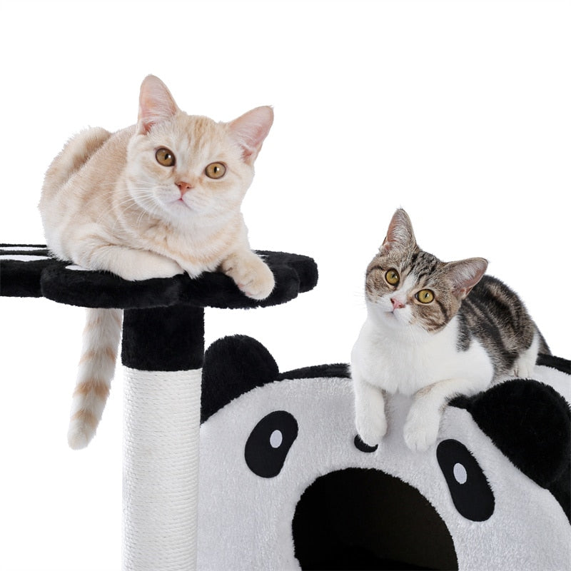 Cat Panda Tower Wrapped In Soft Cotton, w/Scratching Poles & Board - mypreciousfurbabies