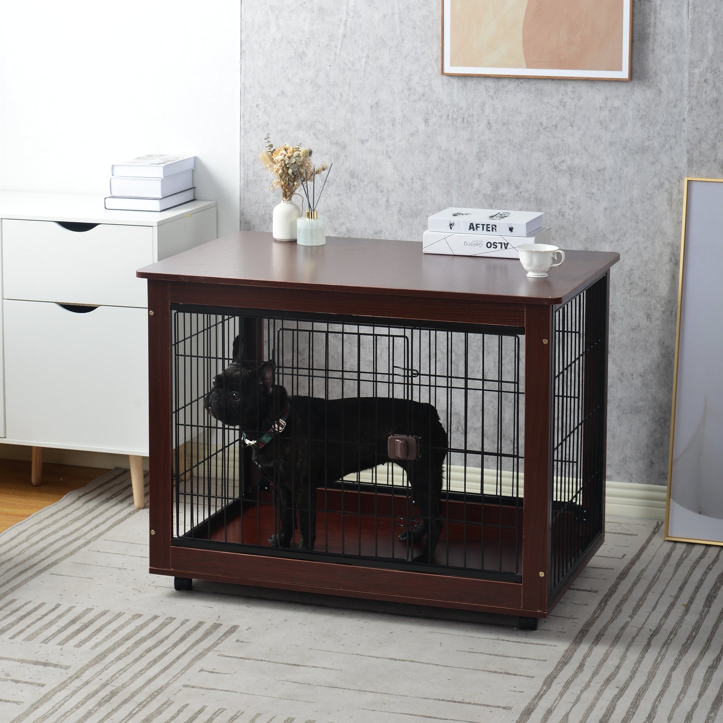 Pet/Dog End Table Crate, Wood Frame w/Wire Panels, Moveable, Assy. Required