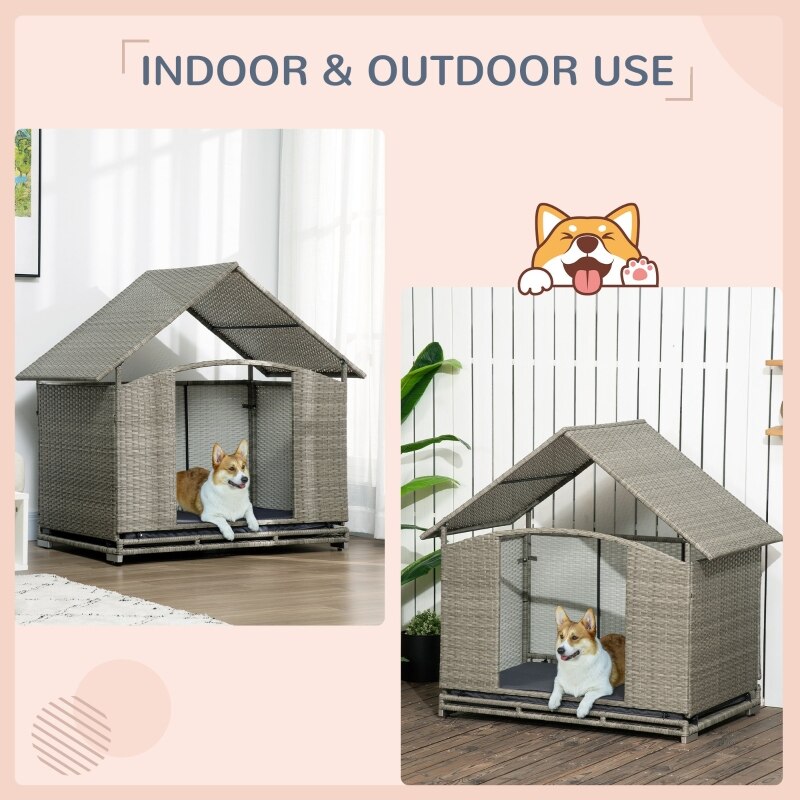 Indoor/Outdoor Wicker House W/Canopy, Rattan Bed, Soft Cushion, & Elevated - mypreciousfurbabies