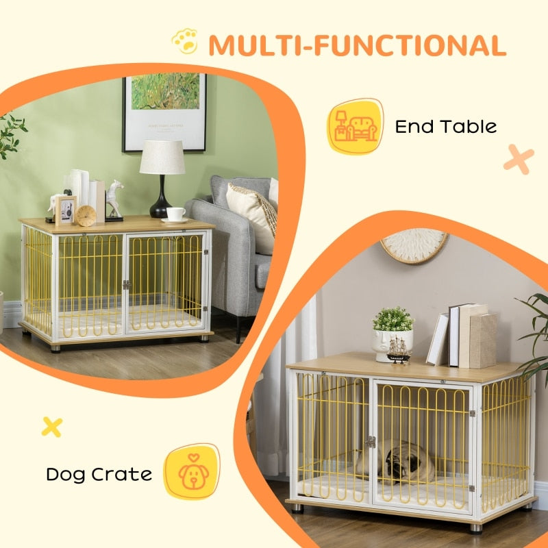 Dog Indoor Oak Top End Table Crate, w/Washable Cushion - mypreciousfurbabies