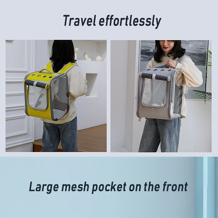 Pet Travel Backpack w/Top Vents & Front Nylon Mesh Provides Circulation, Clear Plastic Sides Provide Great Viewing