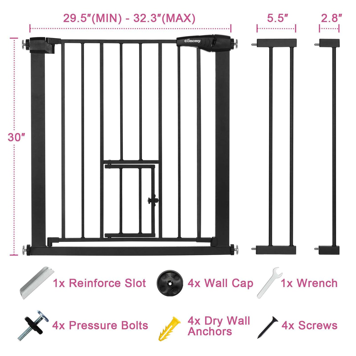 Pet Pressure-Mounted Gate Extra Tall & Wide w/2 Extensions, 90° Hold Open, Auto Close, & Pet Gate Withing the Gate