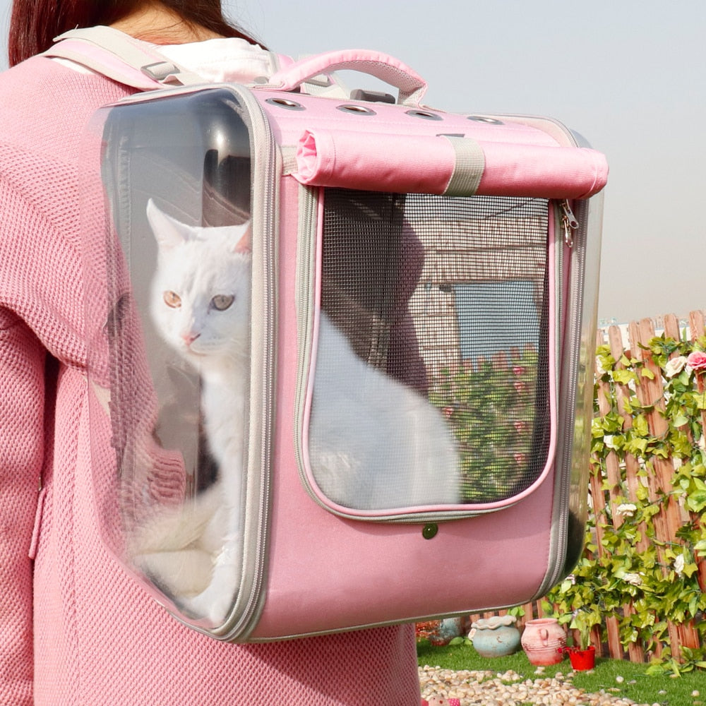 Pet Travel Backpack w/Top Vents & Front Nylon Mesh Provides Circulation, Clear Plastic Sides Provide Great Viewing