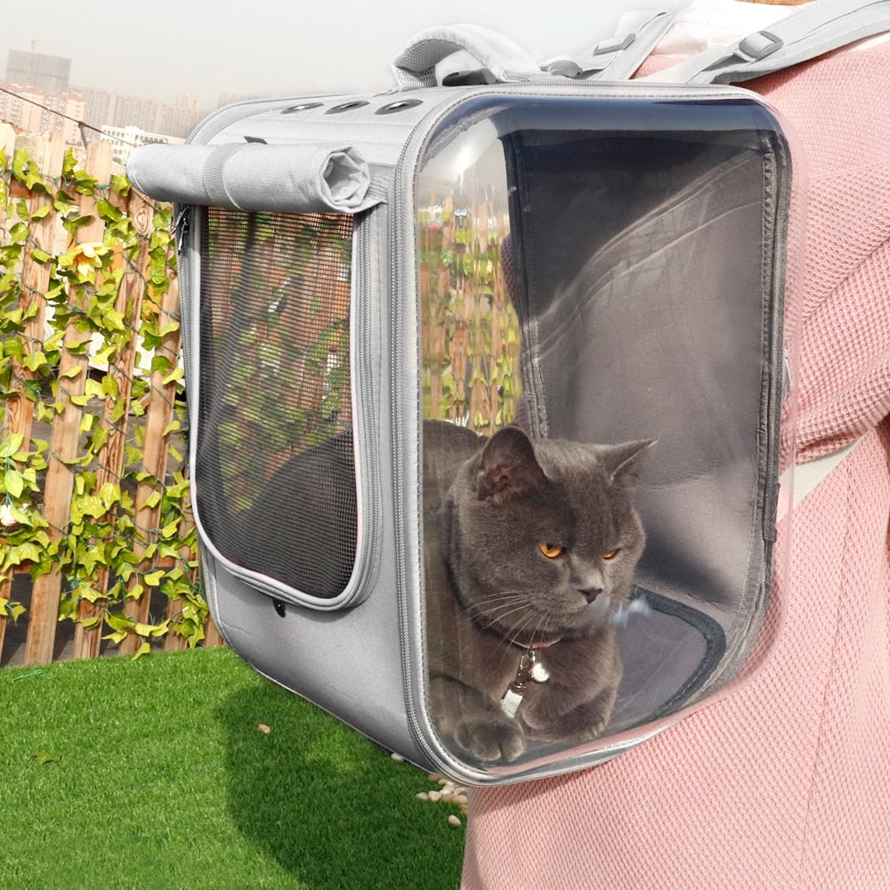 Pet Travel Backpack w/Top Vents & Front Nylon Mesh Provides Circulation, Clear Plastic Sides Provide Great Viewing