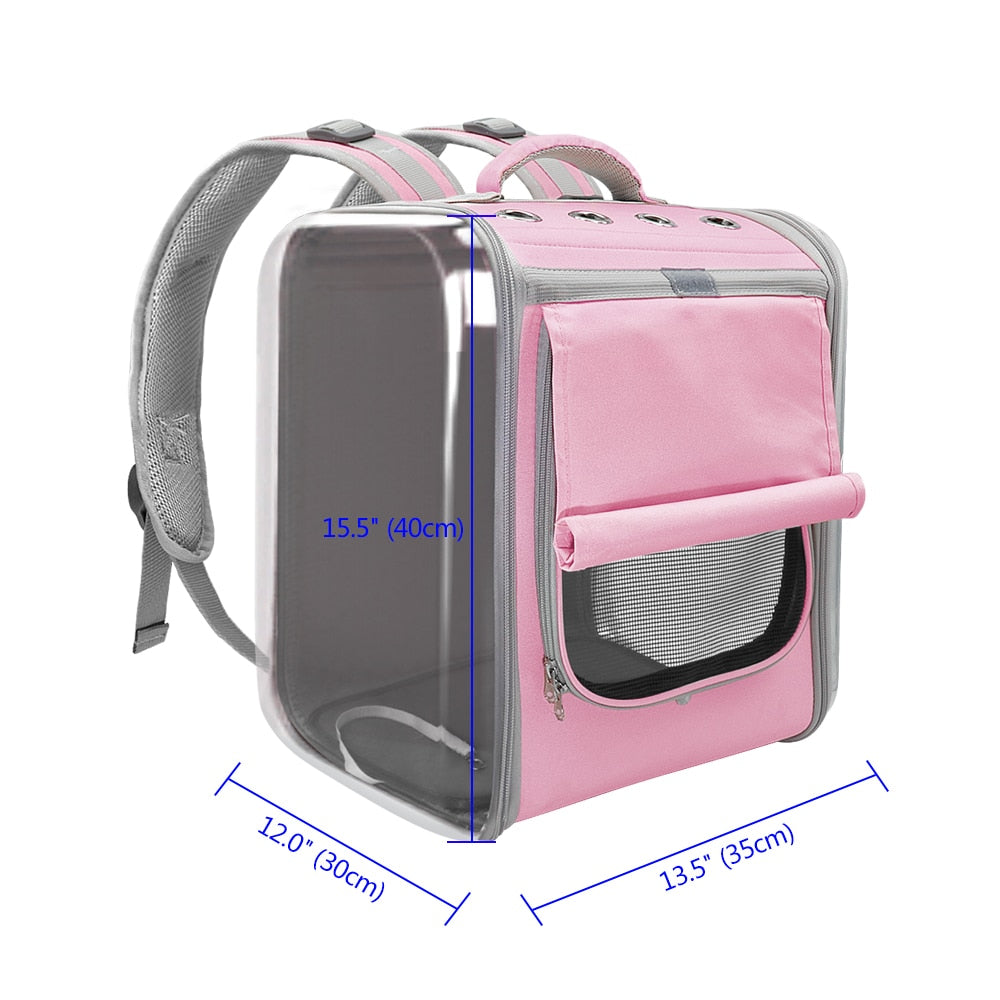 Pet Travel Backpack w/Top Vents & Front Nylon Mesh Provides Circulation, Clear Plastic Sides Provide Great Viewing