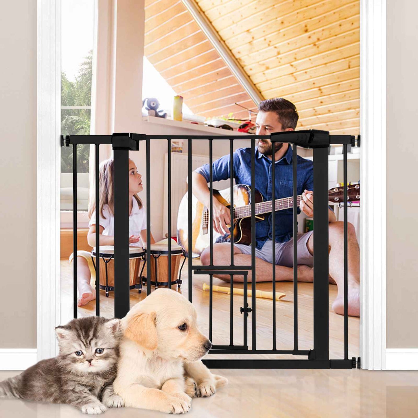 Pet Pressure-Mounted Gate Extra Tall & Wide w/2 Extensions, 90° Hold Open, Auto Close, & Pet Gate Withing the Gate