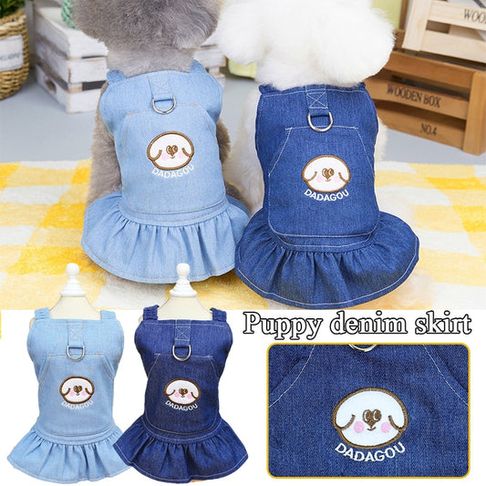 Delightful Denim Pet Dress w/Ruffled Hem and Cartoon Pattern