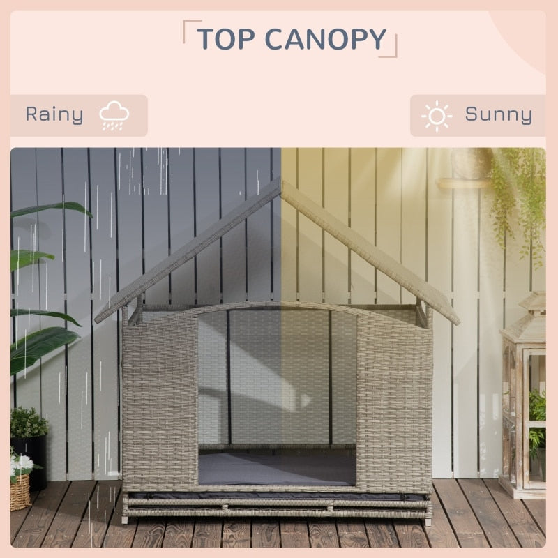 Indoor/Outdoor Wicker House W/Canopy, Rattan Bed, Soft Cushion, & Elevated - mypreciousfurbabies