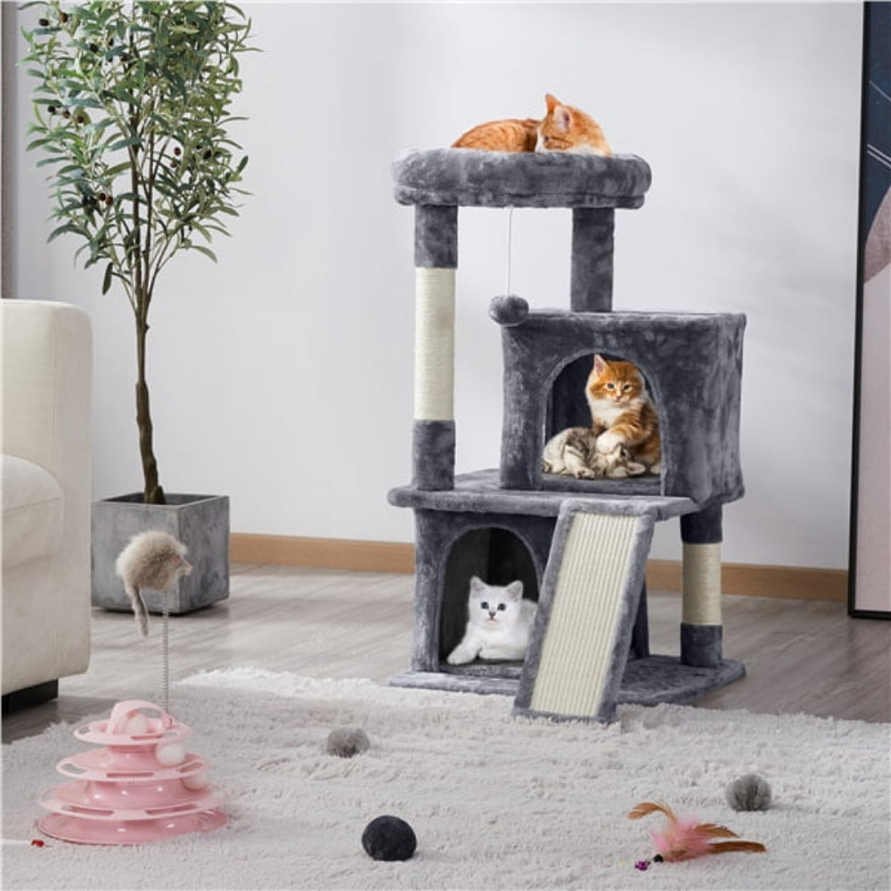 Cat Condo 2 Elevations w/Scratching Posts & Hanging Ball - mypreciousfurbabies