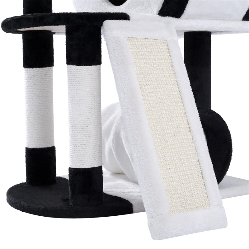 Cat Panda Tower Wrapped In Soft Cotton, w/Scratching Poles & Board - mypreciousfurbabies