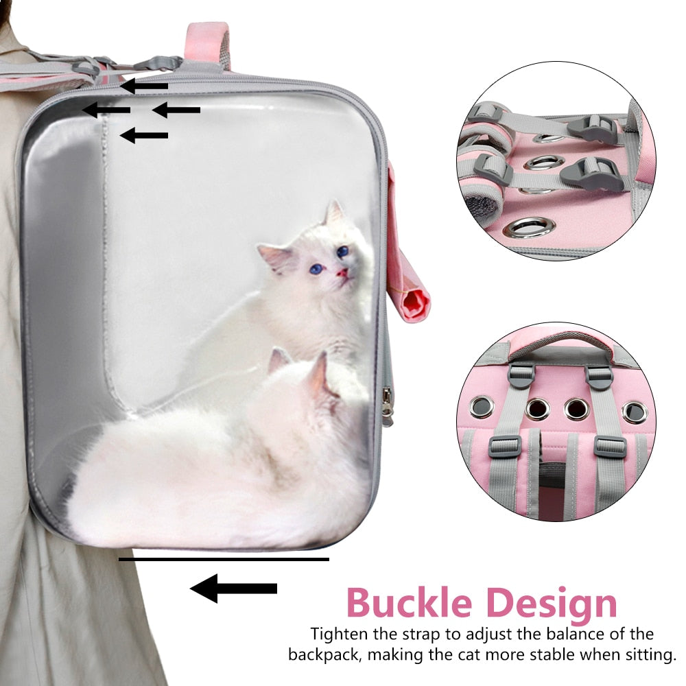 Pet Travel Backpack w/Top Vents & Front Nylon Mesh Provides Circulation, Clear Plastic Sides Provide Great Viewing